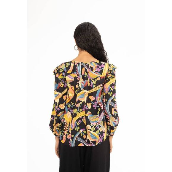 Banjanan Elise Long Sleeve Top Blouse Jet Black Print BFA23TV662 XS Xsmall NEW - Picture 4 of 5